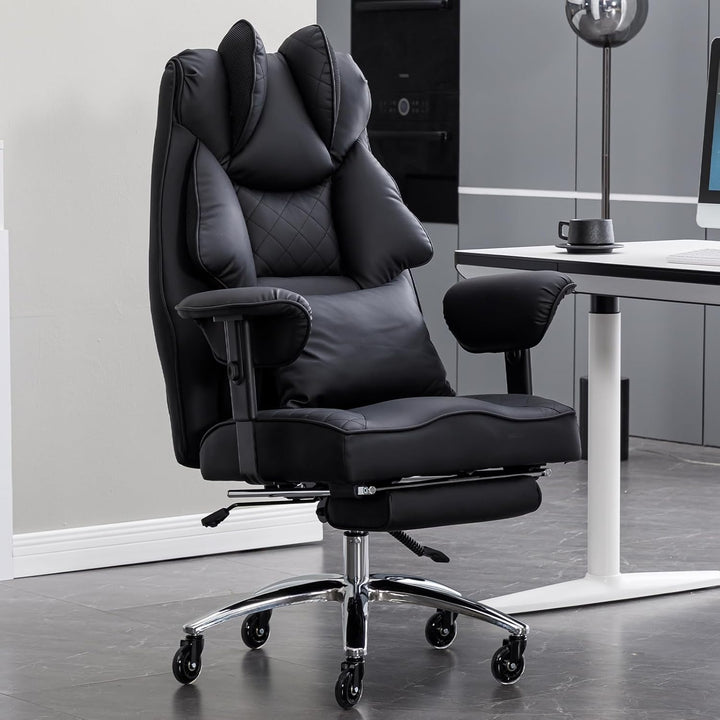 Ergonomischer Bürostuhl 200kg, Chefsessel mit Fussstütze, Schreibtischstuhl mit Lendenkissen, Bequem