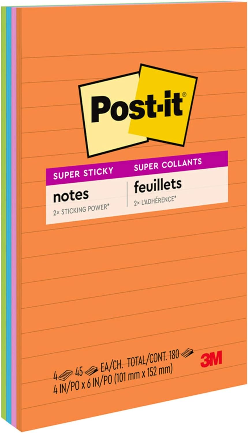 Post-it Super Haftnotizen, 10,2 x 15,2 cm, 4 Blöcke, 2 x die Haftkraft, Energy Boost Collection, hel