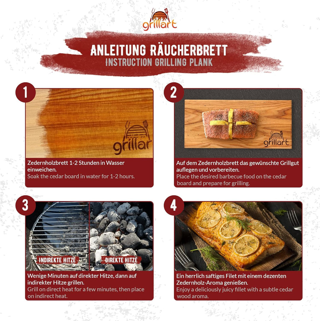 grillart® 2 Pack XL Grillbretter - Zedernholzbrett zum Grillen - Räucherbretter aus Zedernholz herge