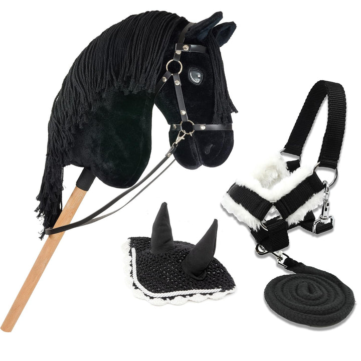 Hobby Horse Friese, Schwarz, A3, Pferd, komplett mit Netz, Trense, Zügel, Halfter und Insektenkappe,