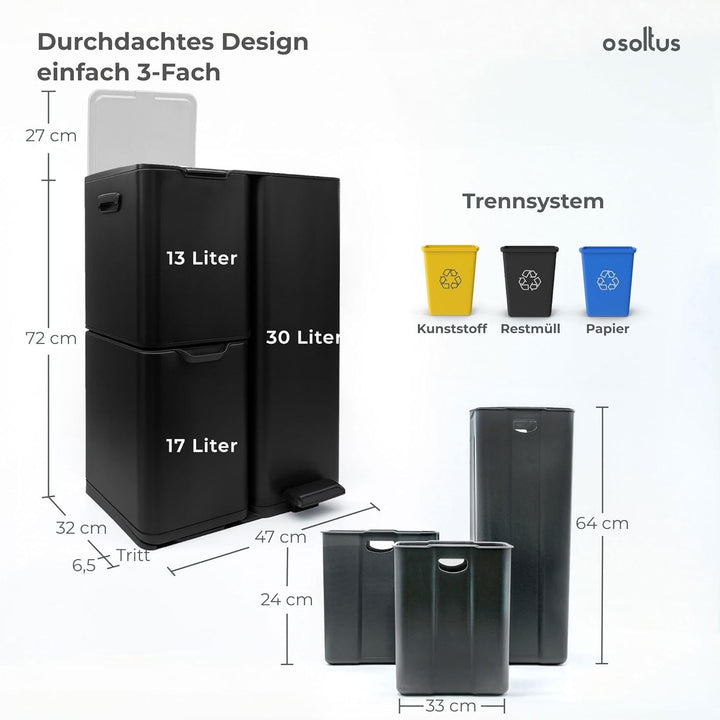 osoltus Mülleimer Abfallsammler Softclose Edelstahl hoch (60 L (30 + 17 + 13 L) schwarz) 60 L (30 +