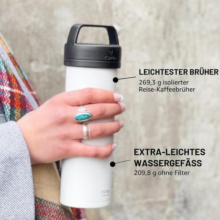 ESPRO P0 Ultralight French Press to go, Edelstahl, 470 ml, Weiss | Vakuumisoliert, auslaufsicher. Fr
