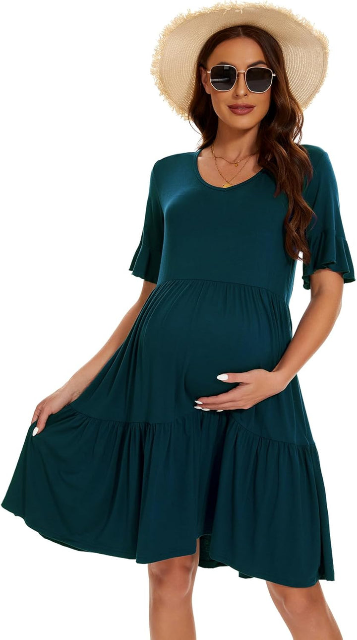 Smallshow Damen Umstandskleid Kurzarm Sommer Schwangerschafts Umstandsmode Kleid XL Blaugrün, XL Bla
