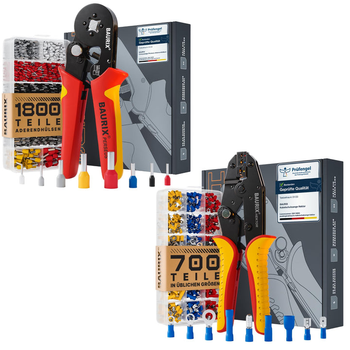 BAURIX® Crimpzangen Set – PERSEUS Aderendhülsenzange 0,25-10mm² mit 1800 Aderendhülsen & HEKTOR Kabe