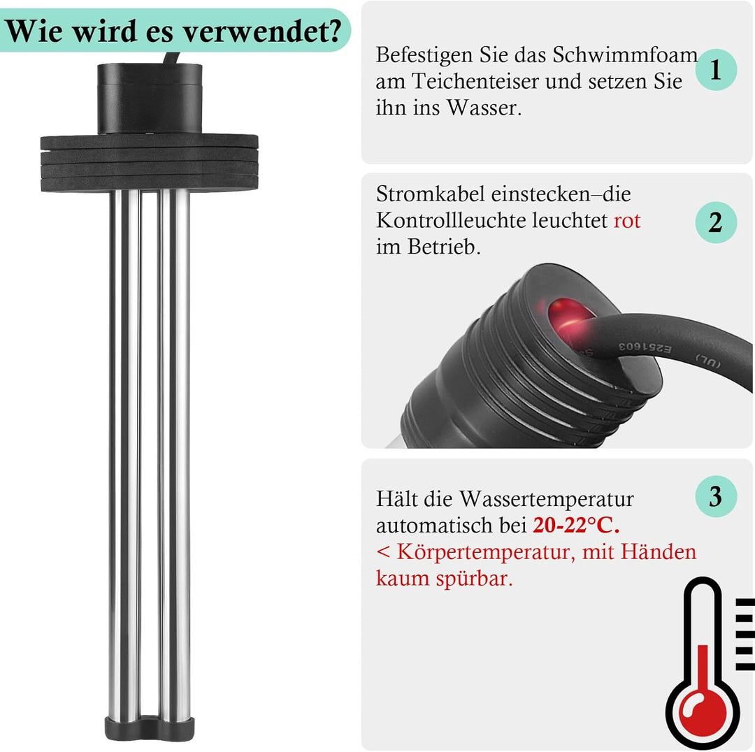 FEDOUR Teichheizung 600W - Eisfreihalter für Teiche, Koi-Teich, Gartenteichenteiser mit 5m Langem Ka