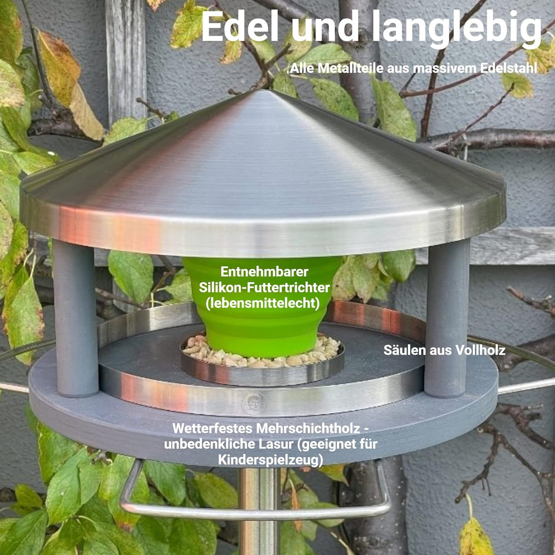 Vogelhaus mit Ständer wetterfest aus Edelstahl - Stabiles Vogelfutterhaus für draussen, modern aus M