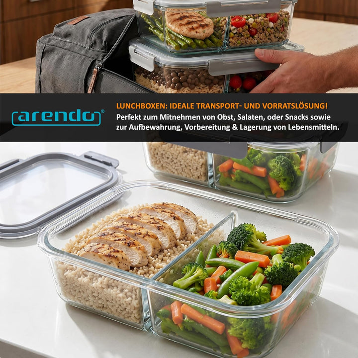 Arendo - Lunchboxen Glas - 2 Fächer - Frischhaltedosen für Lebensmittel mit Deckel luftdicht - 2er S