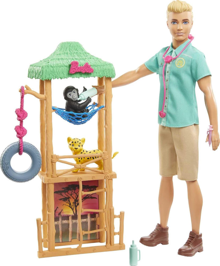 Barbie GJM33 - Ken Wildtierarzt-Puppe mit Spielset, Pflegestation, Gepardenbaby, Äffchen sowie Zubeh