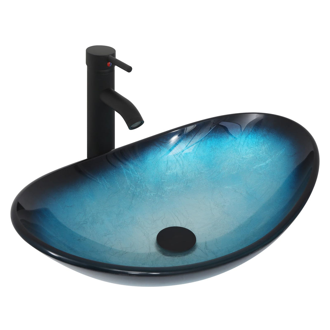 ARTETHYS Waschbecken Glas Aufsatzwaschbecken mit Wasserhahn Ablaufgarnitur, Oval Waschschale Waschti