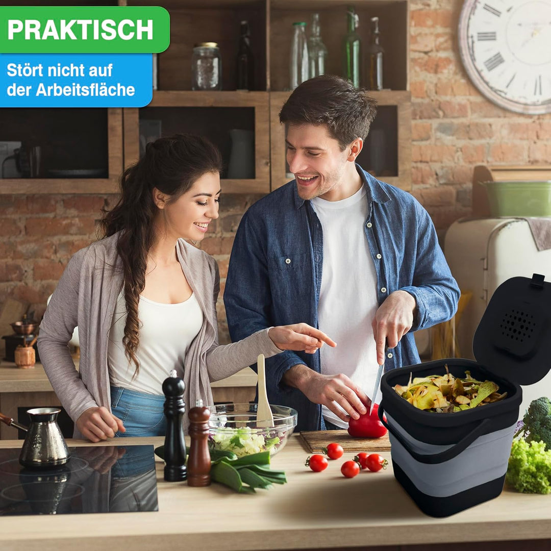 YourCasa® Faltbarer Biomülleimer 4L - kompakter Bio Mülleimer mit geruchsdichtem Aktivkohlefilter-De