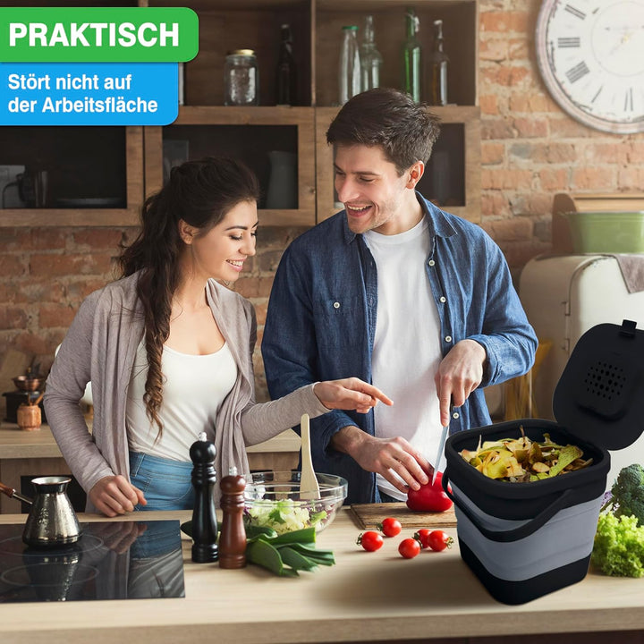 YourCasa® Faltbarer Biomülleimer 4L - kompakter Bio Mülleimer mit geruchsdichtem Aktivkohlefilter-De