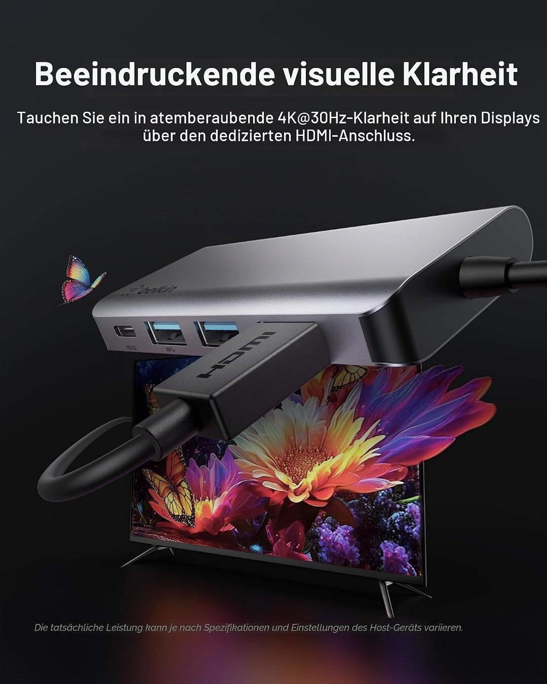 Belkin USB-C-4-in-1-MultiPort-Adapter (mit 4K-HDMI, USB-C, 100 W PD zum Laden per „Passthrough“, 2 U