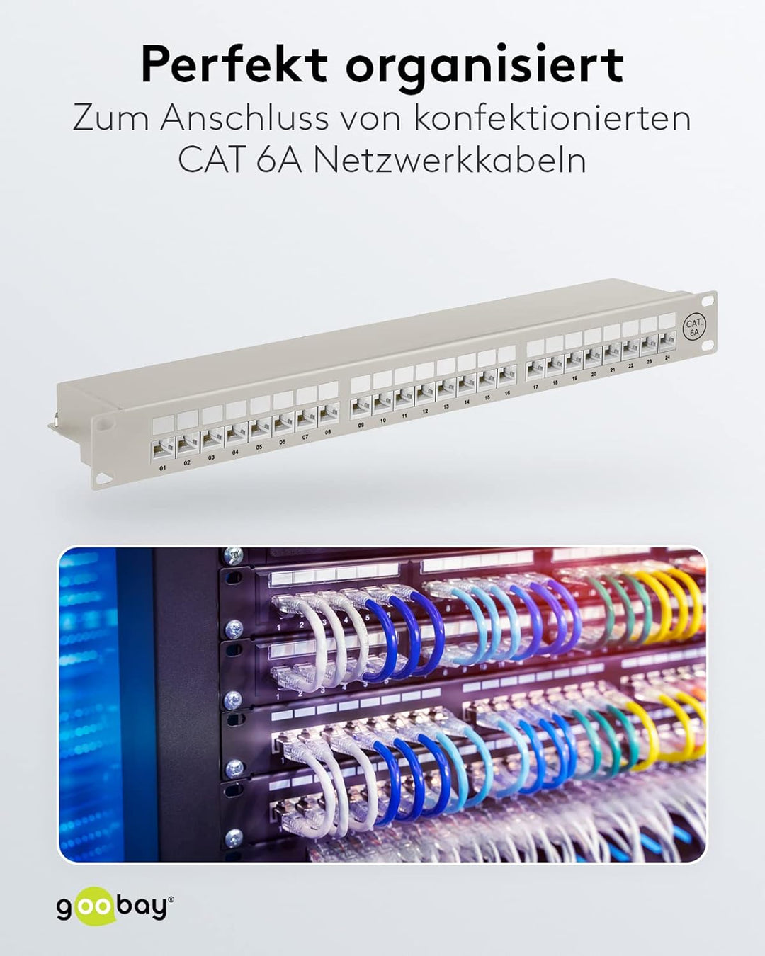 Goobay 90855 CAT 6A Patch Panel 19 Zoll / 24 Port RJ45 Buchsen Netzwerkstecker / 500 MHz LAN Patchfe