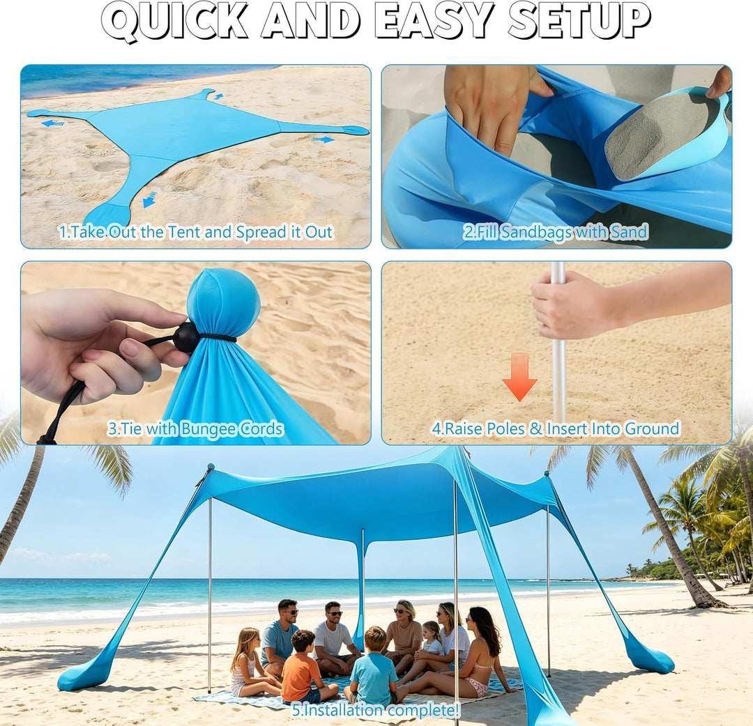 Sonnensegel Strand mit Sandsäcke Lycra UPF 50+ Strandzelt Sonnenschutz Windfest Strandzelt mit 4 Alu