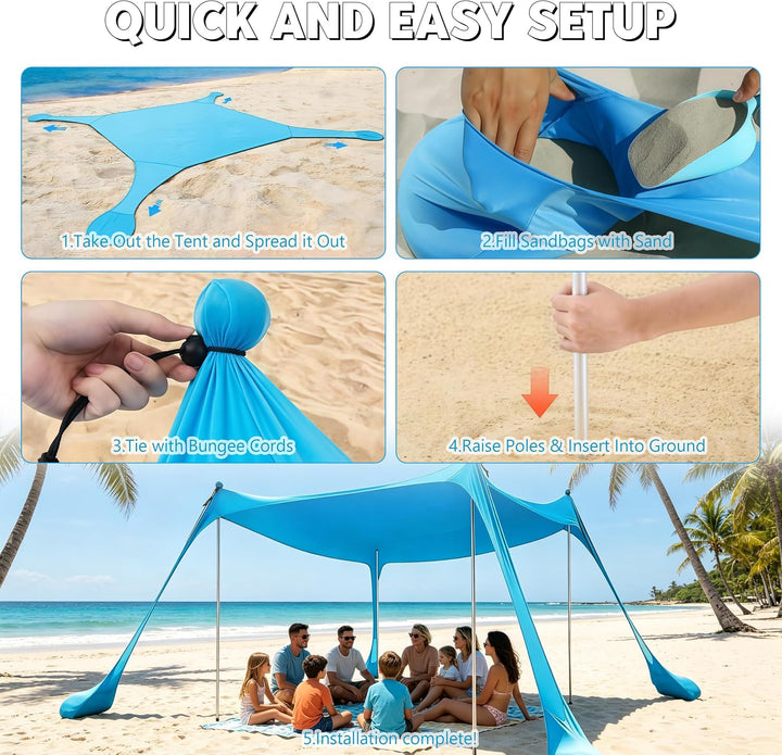 Sonnensegel Strand mit Sandsäcke Lycra UPF 50+ Strandzelt Sonnenschutz Windfest Strandzelt mit 4 Alu
