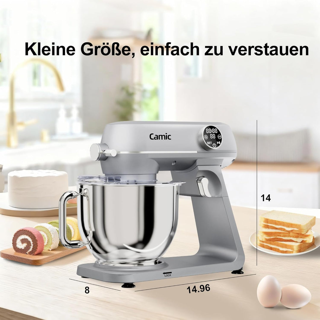 Camic Küchenmaschine 1800W, Knetmaschine aus Vollmetall mit 10 Stufen, digitaler Touchscreen, Timer,