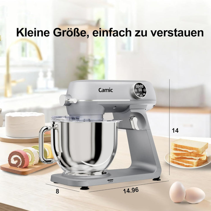 Camic Küchenmaschine 1800W, Knetmaschine aus Vollmetall mit 10 Stufen, digitaler Touchscreen, Timer,
