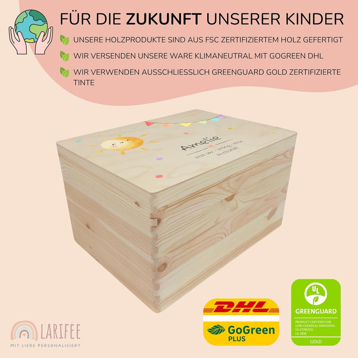 LARIFEE Erinnerungskiste personalisiert Sonne mit Name – Baby Erinnerungsbox Holz klein 30x20x14 cm