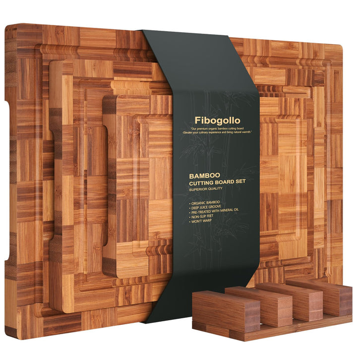 Fibogollo 3er Set Bambus Schneidebretter,2cm dicke Schneidebrett Küche mit Saftrille und Bracket,Bro