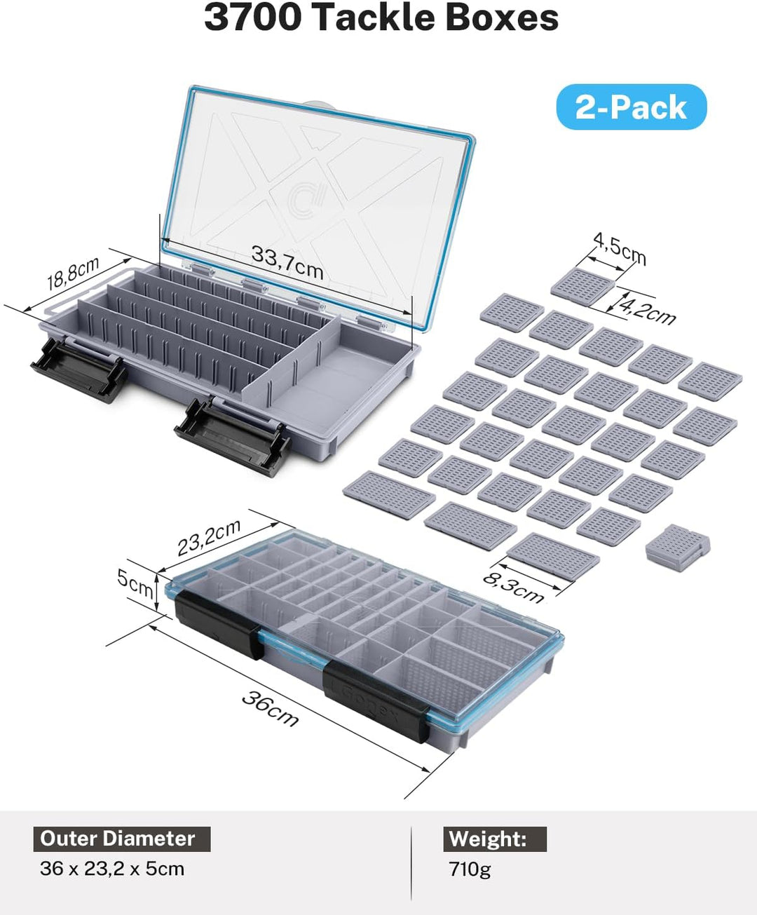 Gonex Köderboxen Angeln 2er-Pack, Wasserdichte Angelboxen mit Verstellbaren Fächern, Transparente Tr
