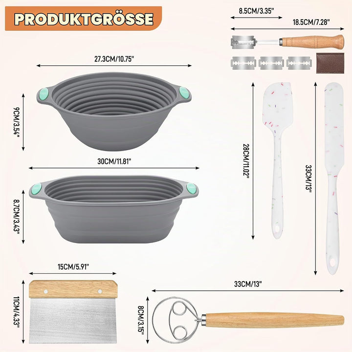 Sauerteig Starter Set zum Brot Backen, Gärkorb Set aus 2er Faltbar Gärkörbchen Silikon, 2er Teigscha