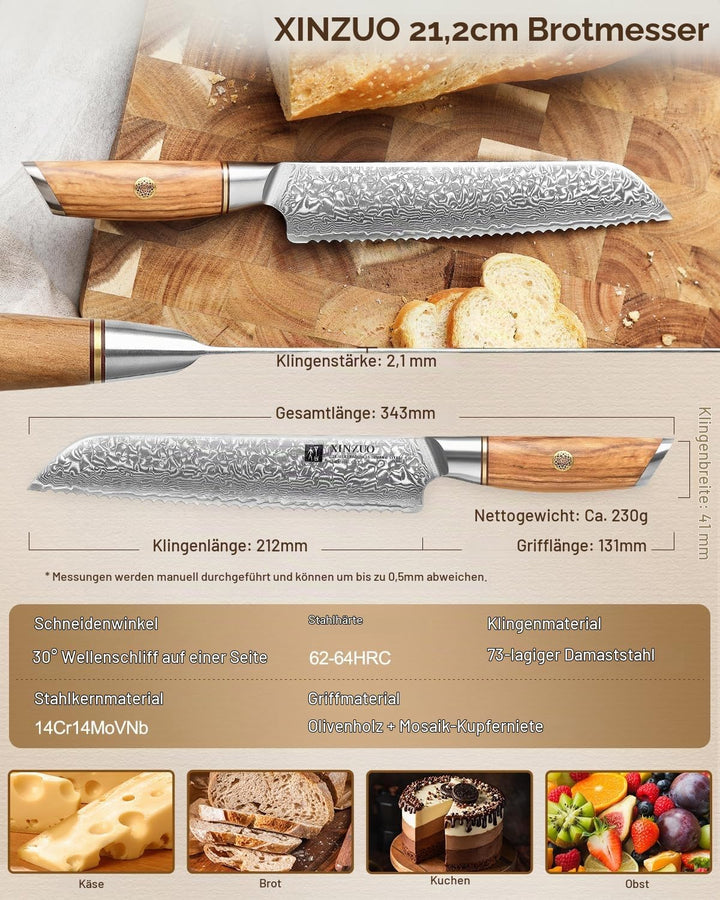 XINZUO Damaststahl Brotmesser 21.2cm, Damastpulverstahl 73 Schichten Küchenmesser, Profi Scharf Dama