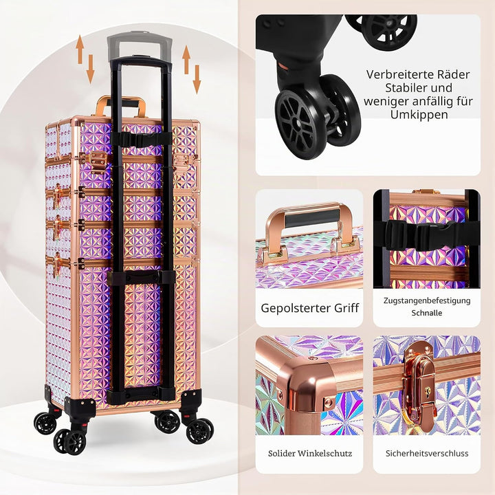 Arous 5-in-1 Profi-Kosmetikkoffer, Aluminium, mit 360° drehbaren Rädern Bunt, Bunt