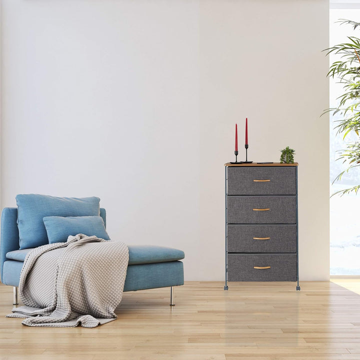 Relaxdays Schubladenschrank mit Rollen, 4 Stoff Schubladen, Deko Stoffschrank, Holzoptik, HBT 93 x 5