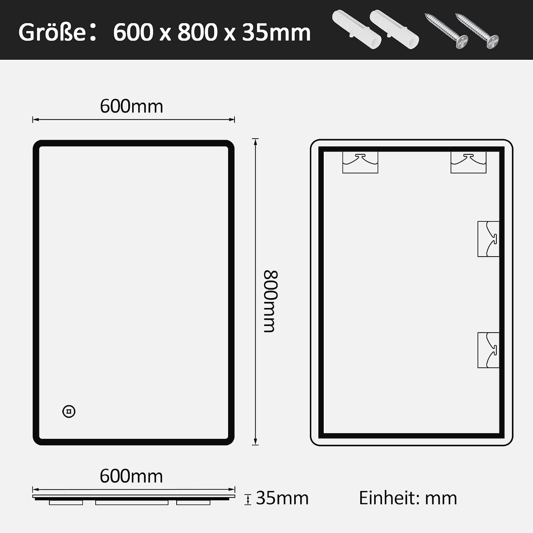 Boromal LED Badspiegel mit Beleuchtung 80x60cm Badezimmerspiegel 3 Lichtfarbe 3000-6500K 2880LM Warm
