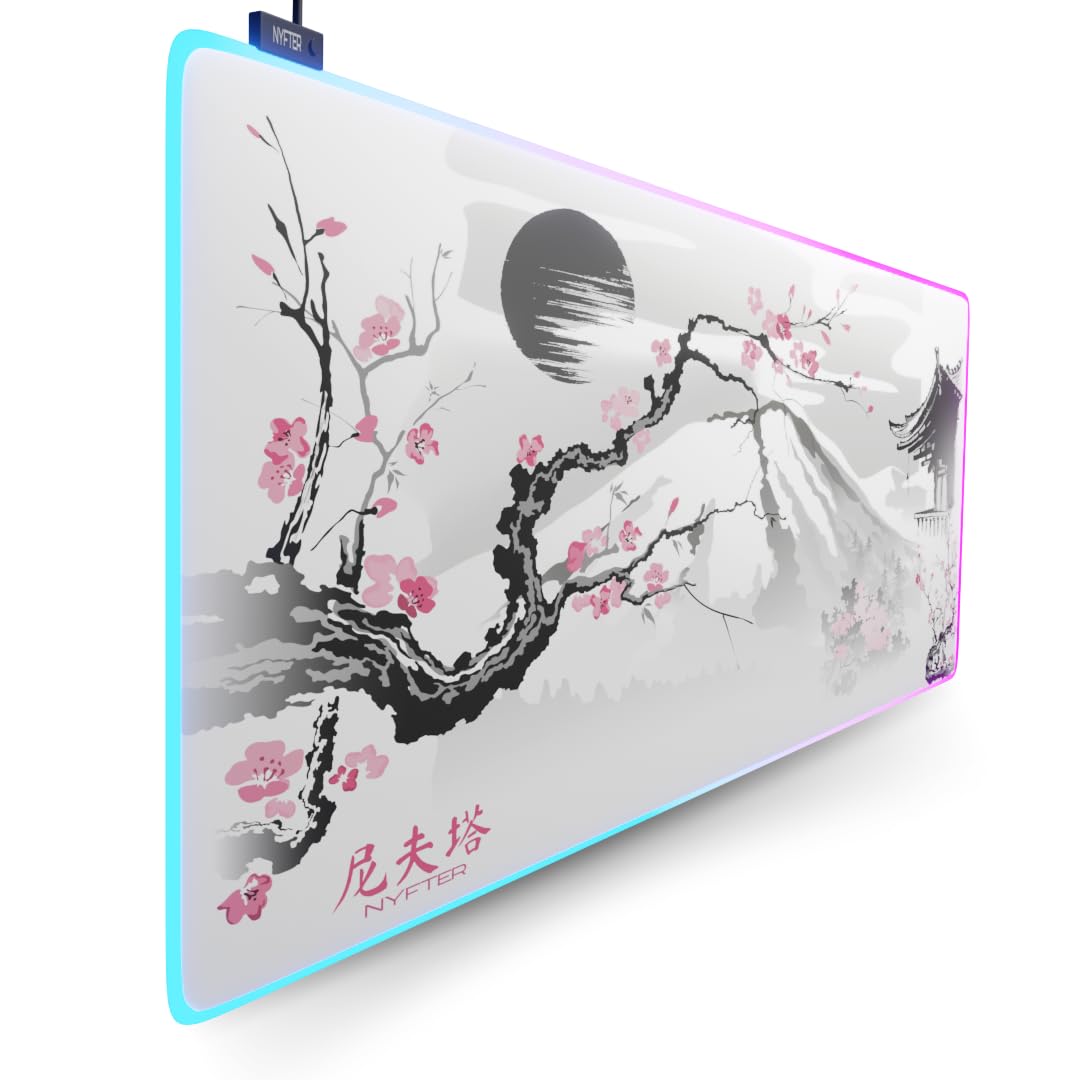 Nyfter - XXL Gaming Mauspad Sakura Weiss 900 x 500mm Premium Fuji Mousepad Size Gross vernähte Kante