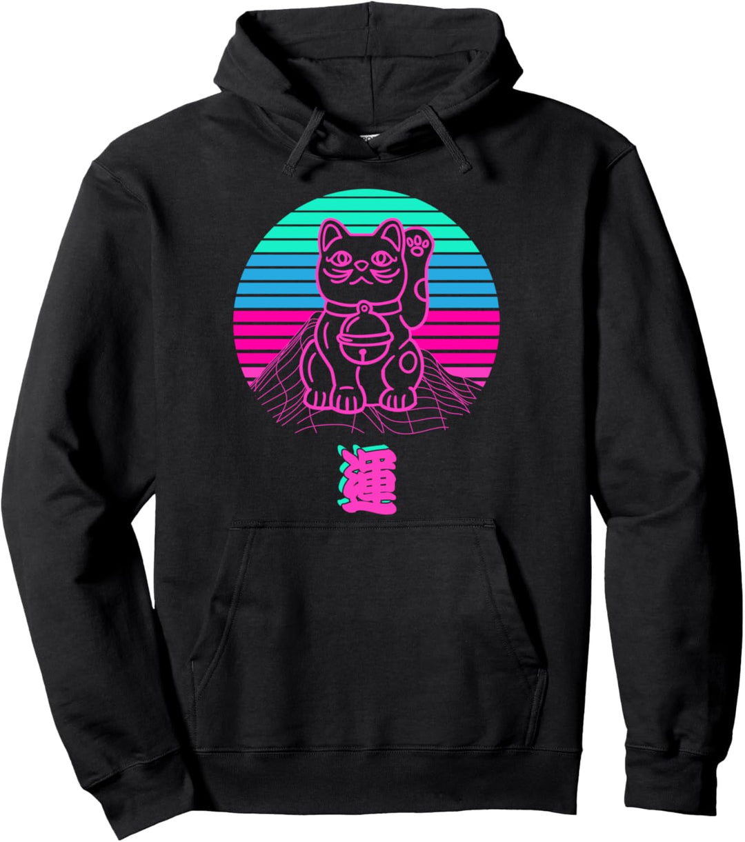 Maneki Neko Cat Retro Japanese Vaporwave Aeshetic Pullover Hoodie