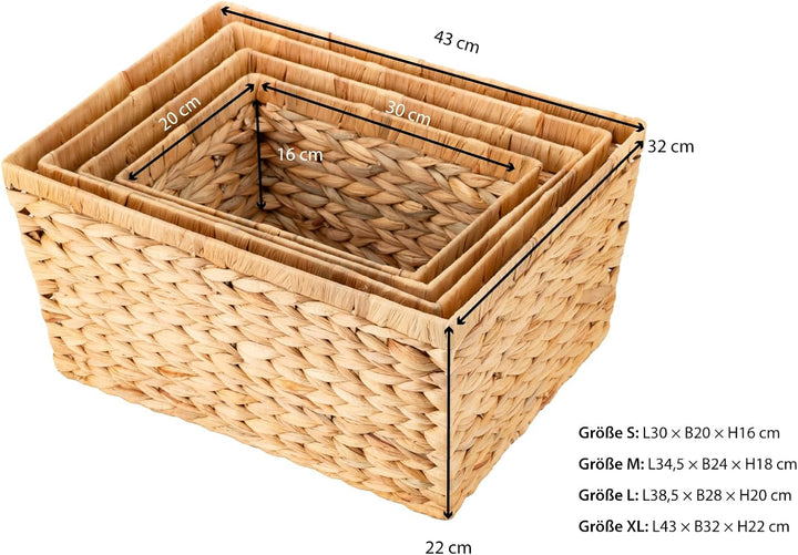 ECHTWERK 4er-Set Aufbewahrungskörbe aus Wasserhyazinthe, Rechteckig, Naturfarben, Flechtkörbe in S/M