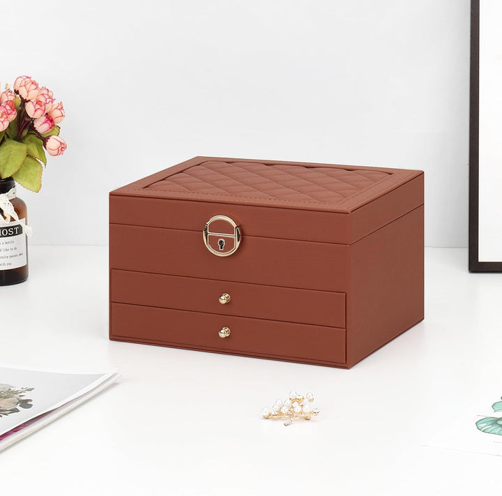 Schmuckkasten, Schmuckkästchen mit 3 Ebenen mit Schubladen, PU-Leder Schmuckbox Schmuckschatulle Gro