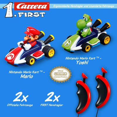 Carrera First Mario Kart Rennbahn-Set | Mario vs. Yoshi | 2 Fahrzeuge inklusive | Kreisel für extra