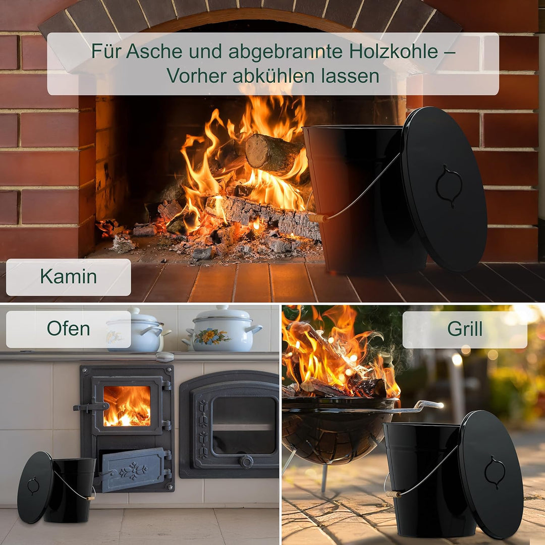 Relaxdays Ascheeimer mit Deckel, 12 Liter, Henkel mit Holzgriff, für Kohle & Asche, Kamin, Stahl Asc