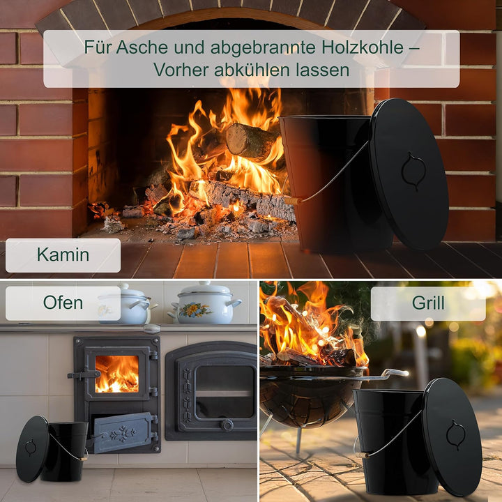 Relaxdays Ascheeimer mit Deckel, 12 Liter, Henkel mit Holzgriff, für Kohle & Asche, Kamin, Stahl Asc