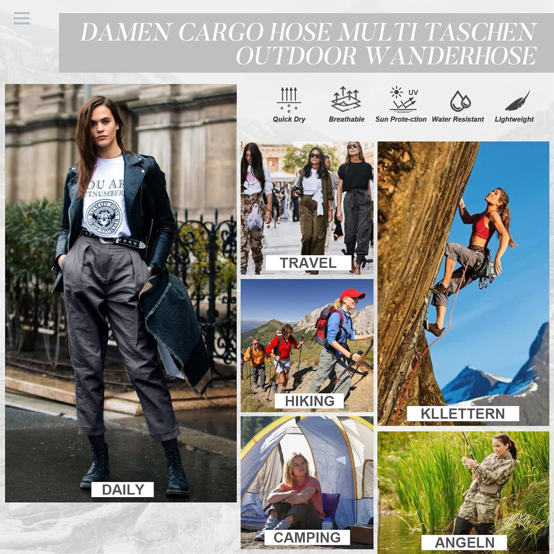 Cargohose Damen Hosen Multi Taschen Wanderhose Outdoorhose Baumwolle Arbeitshose Jogginghose Relaxed