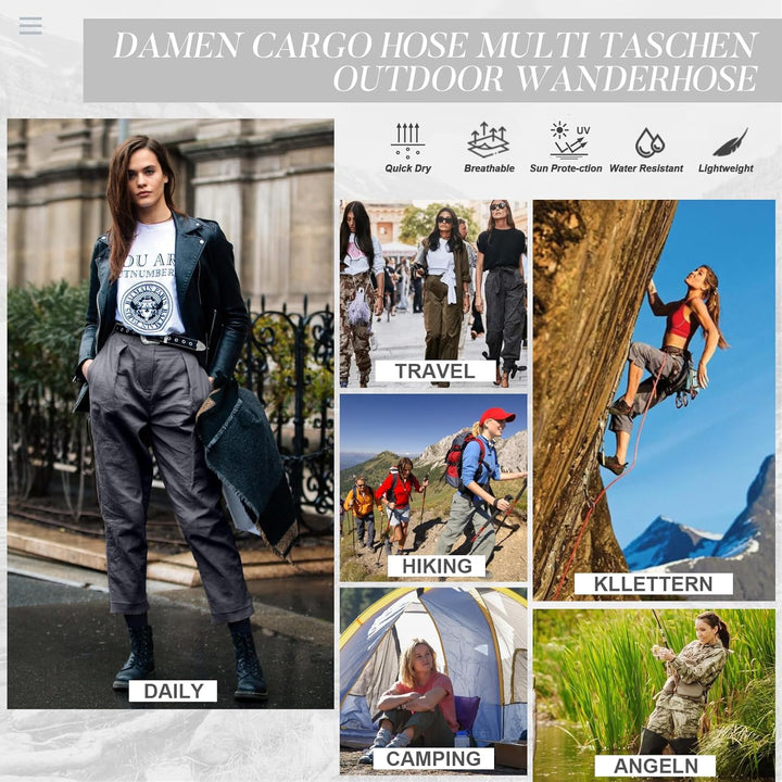 Cargohose Damen Hosen Multi Taschen Wanderhose Outdoorhose Baumwolle Arbeitshose Jogginghose Relaxed