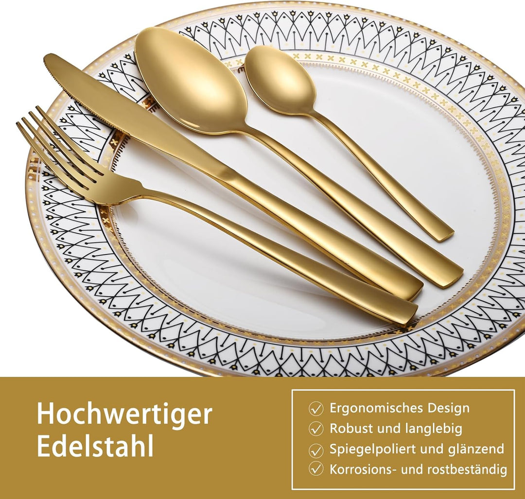 Otto Konig Besteck-Set, 24-teilig, für 6 Personen, Gold Edelstahl Besteck-Set, Messer Gabel Löffel K