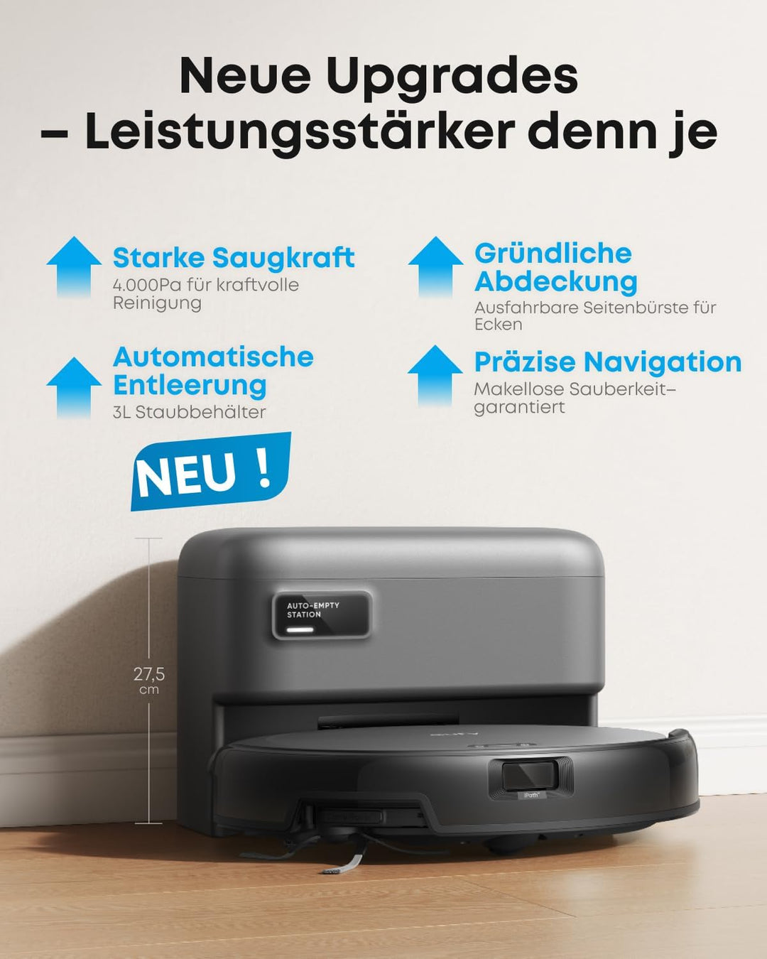 eufy C10 Set Saugroboter mit Automatischer Absaugstation,7,2cm Design | Teppichreinigung, Ausfahrbar