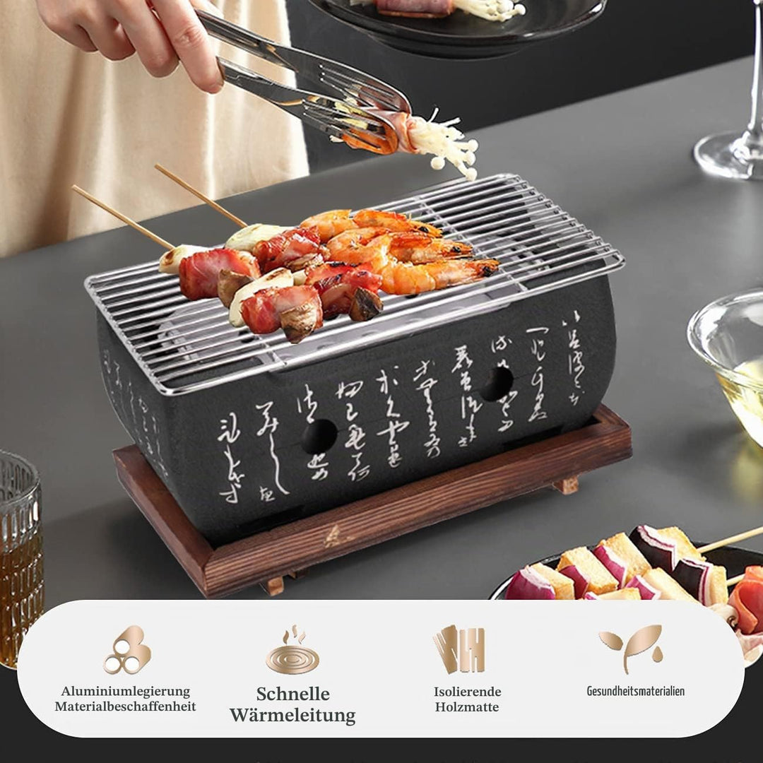 Japanischer BBQ Grill Mini Holzkohle Tischgrill mit Backblech Drahtgitter und Holzbasis, 24 x 12,5 x