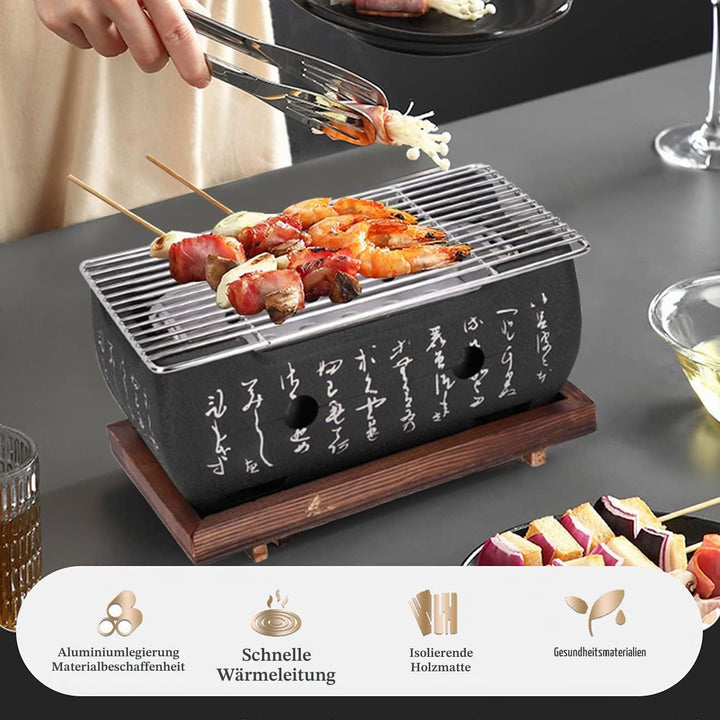 Japanischer BBQ Grill Mini Holzkohle Tischgrill mit Backblech Drahtgitter und Holzbasis, 24 x 12,5 x
