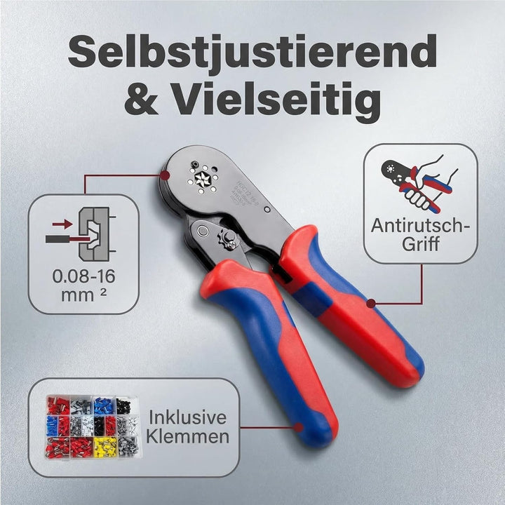 Crimpzangen-Set, Aderendhülsenzange 0,08–16 mm², Crimpzange Selbsteinstellend mit 1500 Aderendhülsen