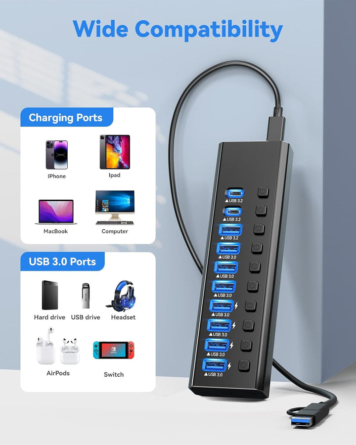 Powered USB Hub 3.2, 10-Port USB3.2/USB C Hub (10Gbps USB-A 3.2 +2 USB-C 3.2 +7 USB 3.0 Ports) mit i