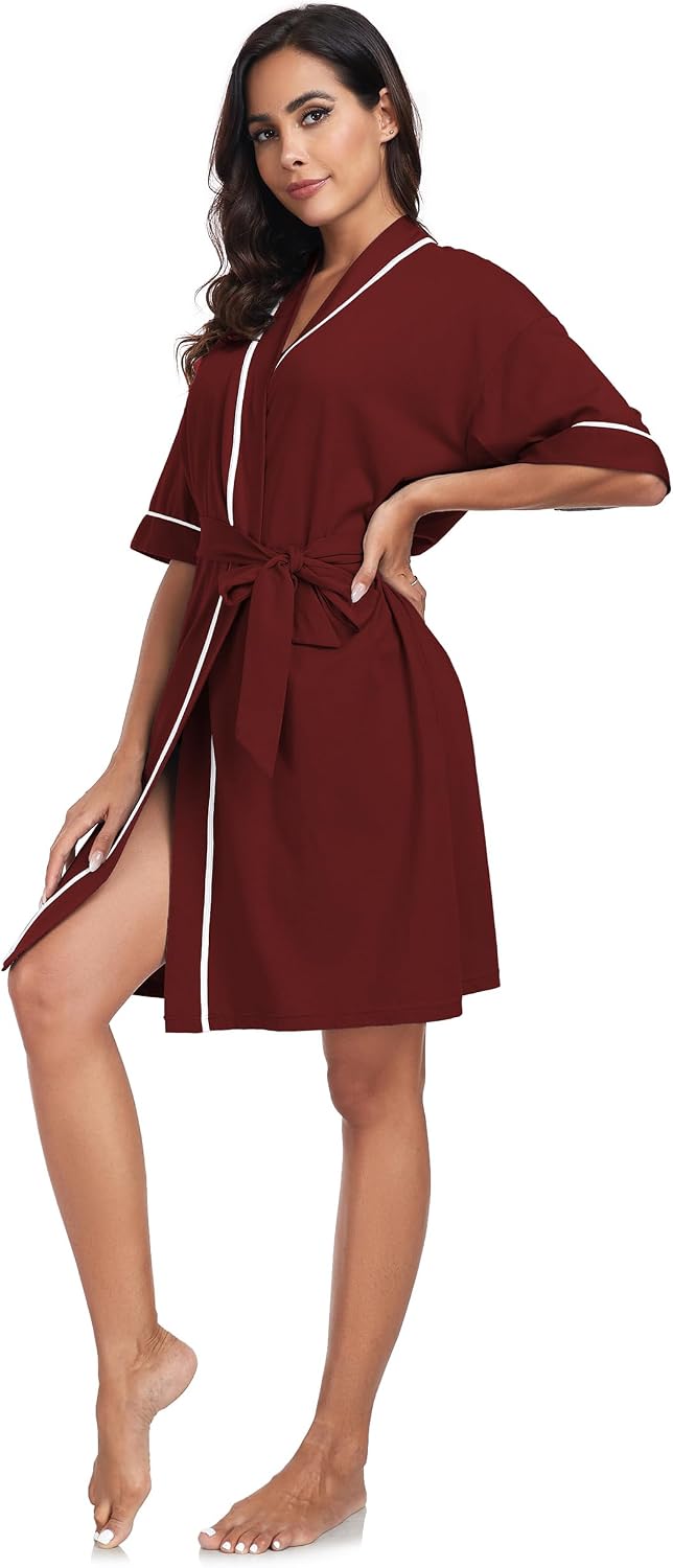 COLORFULLEAF 100% Baumwolle Bademantel Damen Kurz Morgenmantel Leicht Knielang Kimono Saunamantel Na