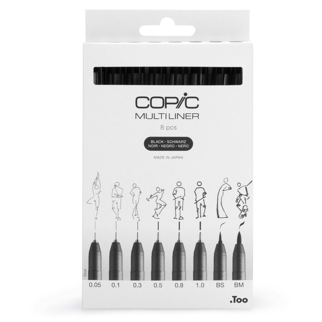 Copic Multiliner Set schwarz, 8 Stifte in 8 verschiedenen Strichstärken mit wasserfester Pigmenttint