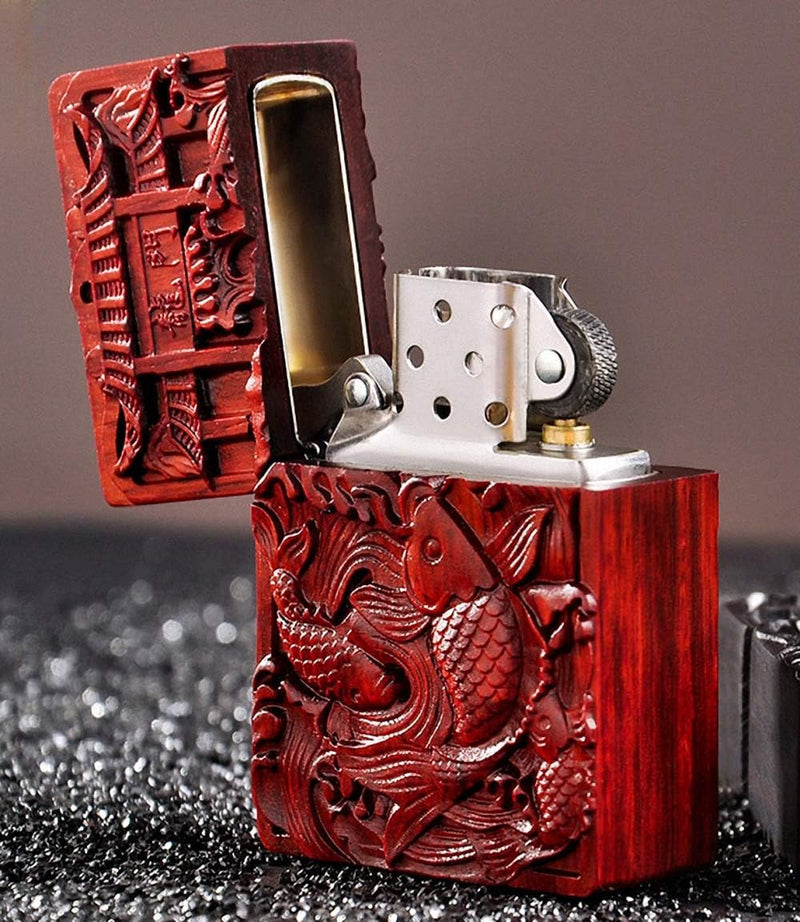 Generic Natural Huanghuali Rosewood Carving Lichter Outer Case for Zippo Module Fish Jump Dragon Gat