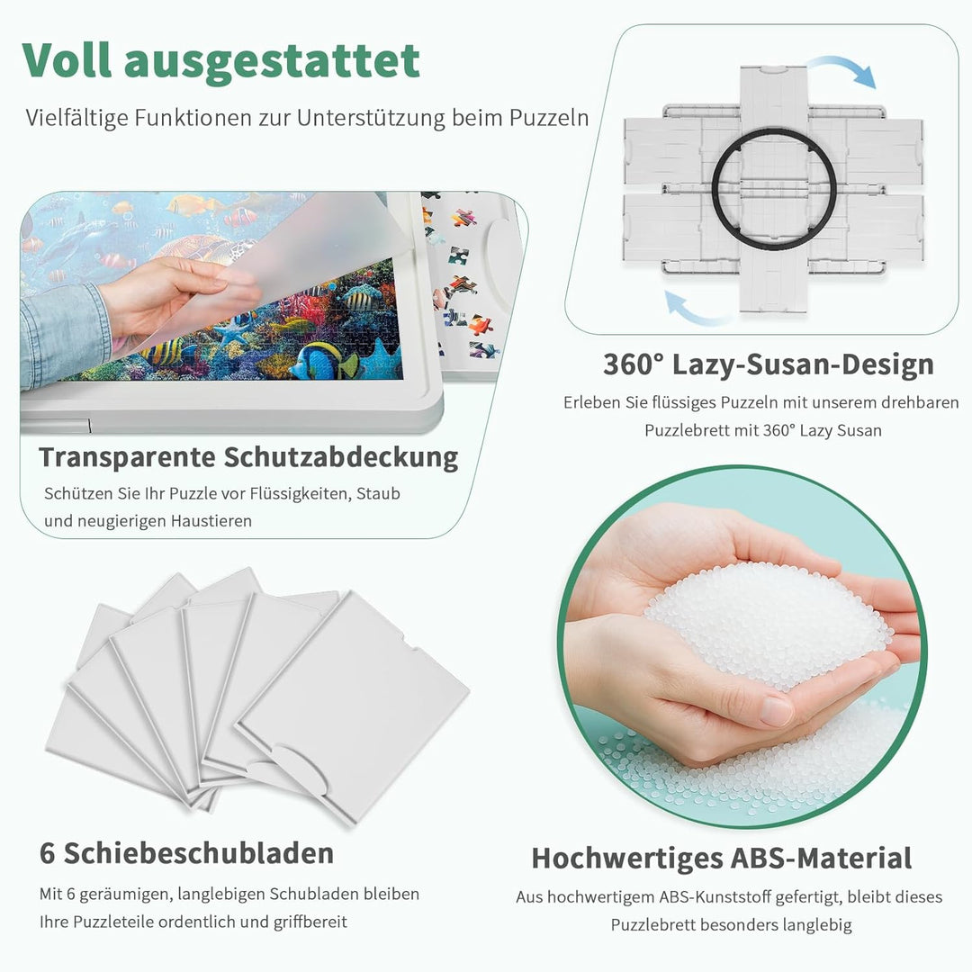 Leichtes 1500-Teile Drehbares Puzzlebrett mit 6 Schubladen & Schutzabdeckung, 360° Lazy-Susan-Design