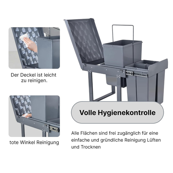 Einbaumülleimer ausziehbar Mülltrennsystem, Stahlrahmen, 20L+2x10L Grau 20L+2x10L, Grau 20L+2x10L