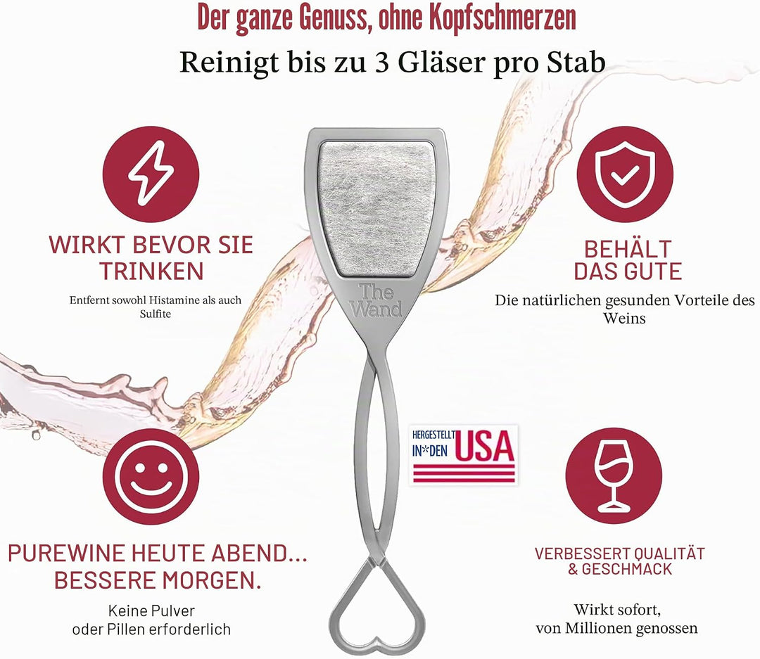 PureWine Weinfilter „The Wand“ mit Weinglas-Anhänger | Entfernt Histamine & Sulfite – Weniger Kopfsc